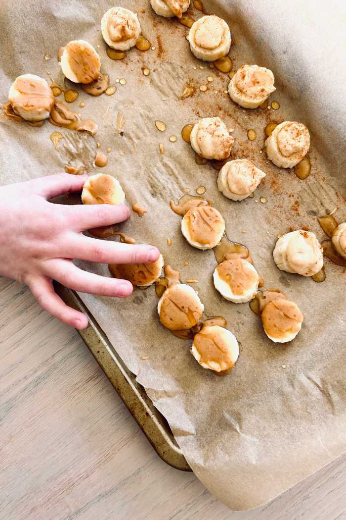 frozen banana yogurt bites on tray