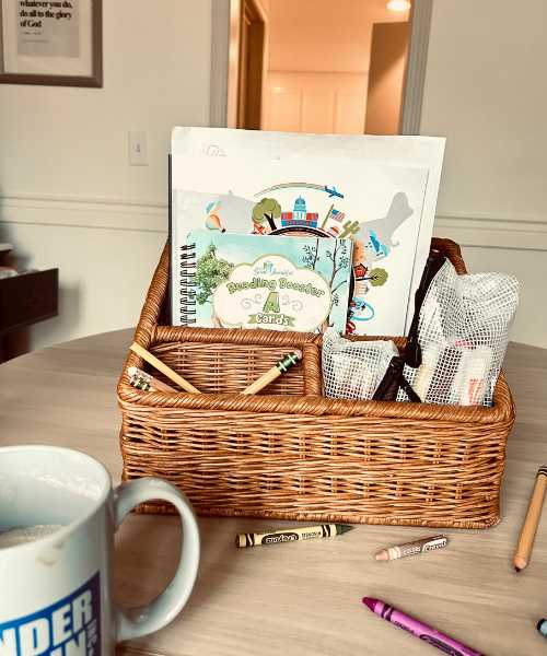 homeschool materials in basket
