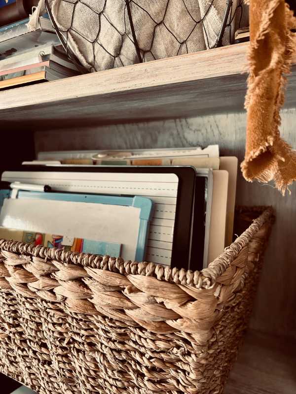 basket with homeschool supplies