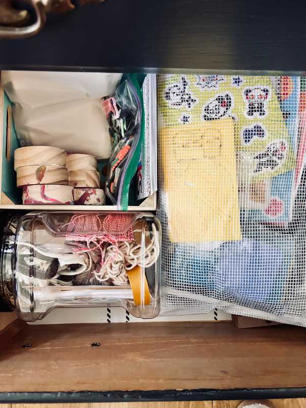 homeschool supplies in drawer