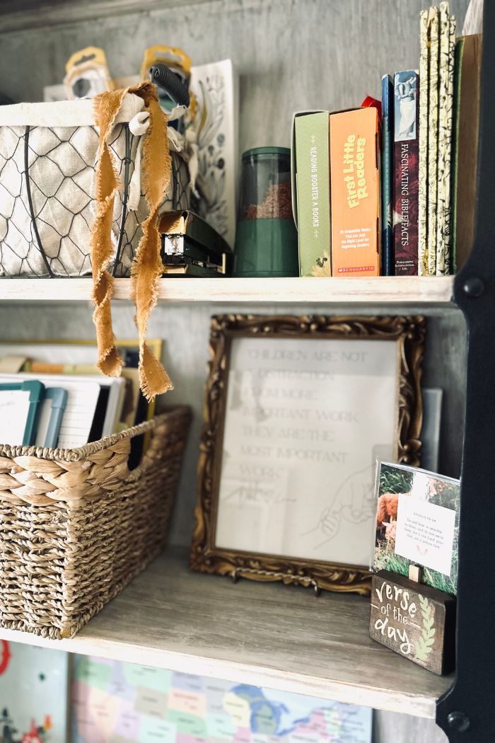 homeschool supplies on shelf