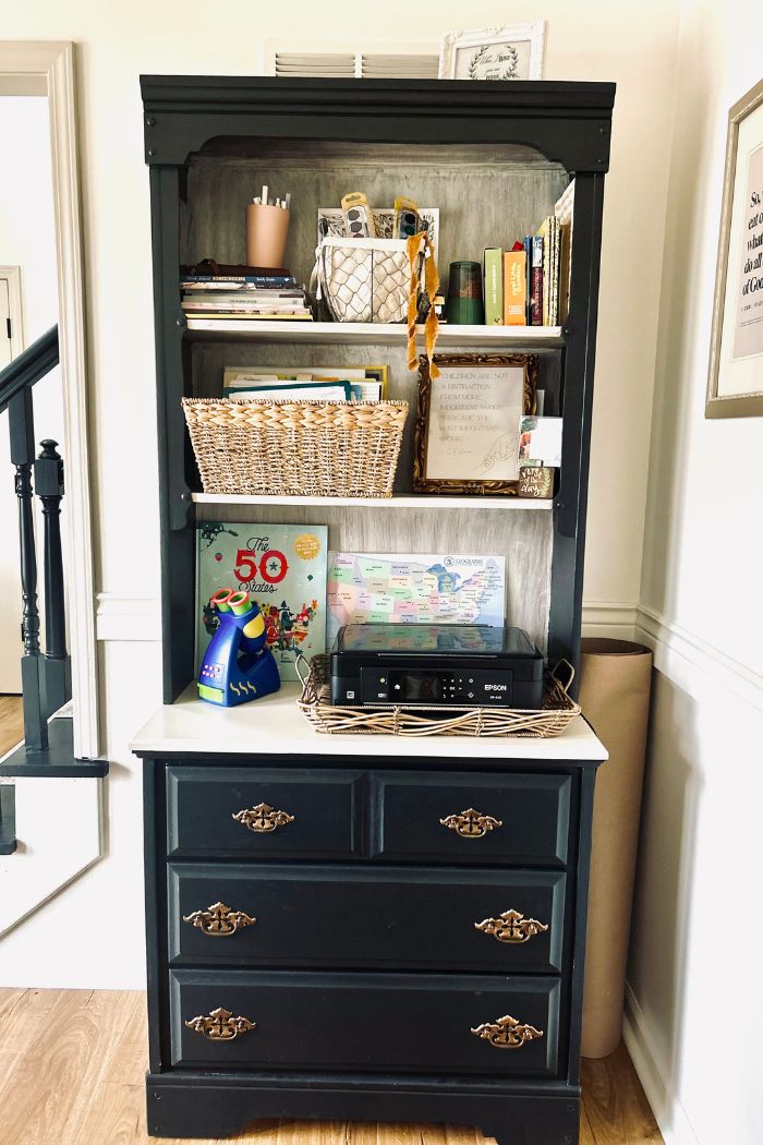 hutch with homeschool supplies