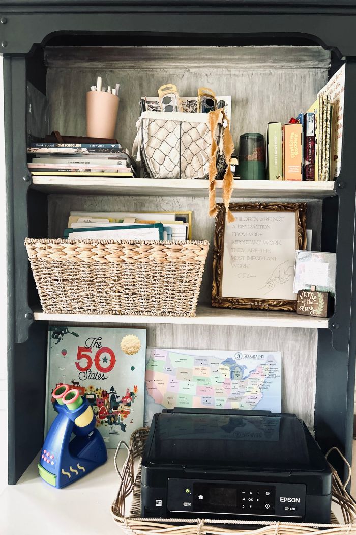 hutch with homeschool supplies