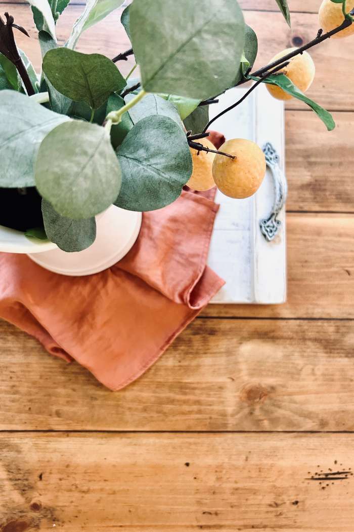 decoration on rustic stained wood coffee table