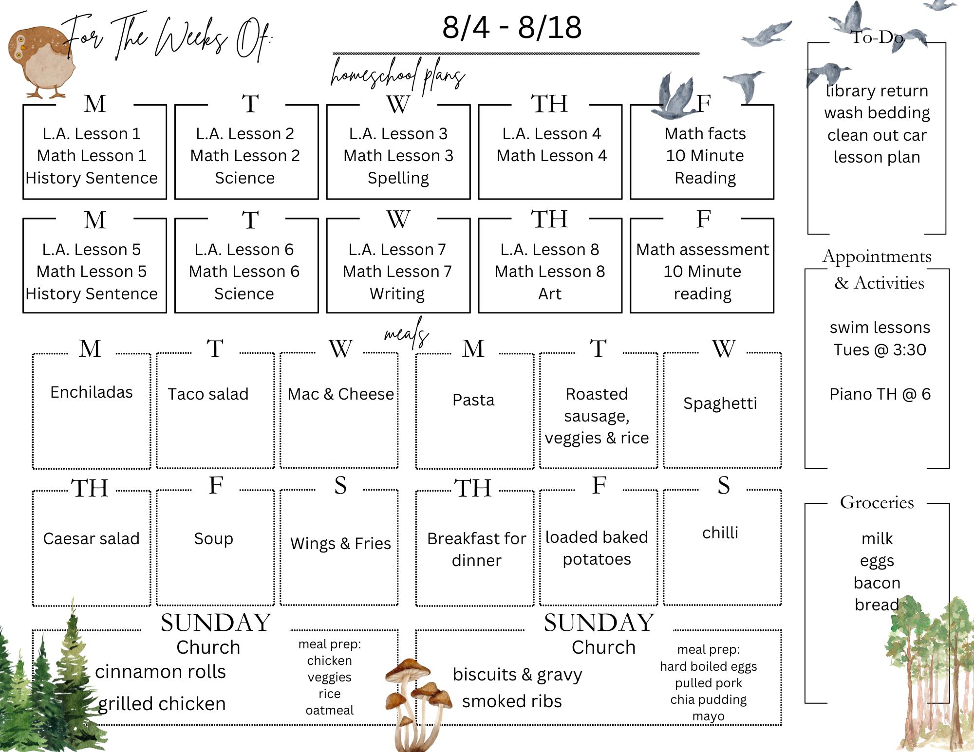 two-week planner for homeschool and meals example