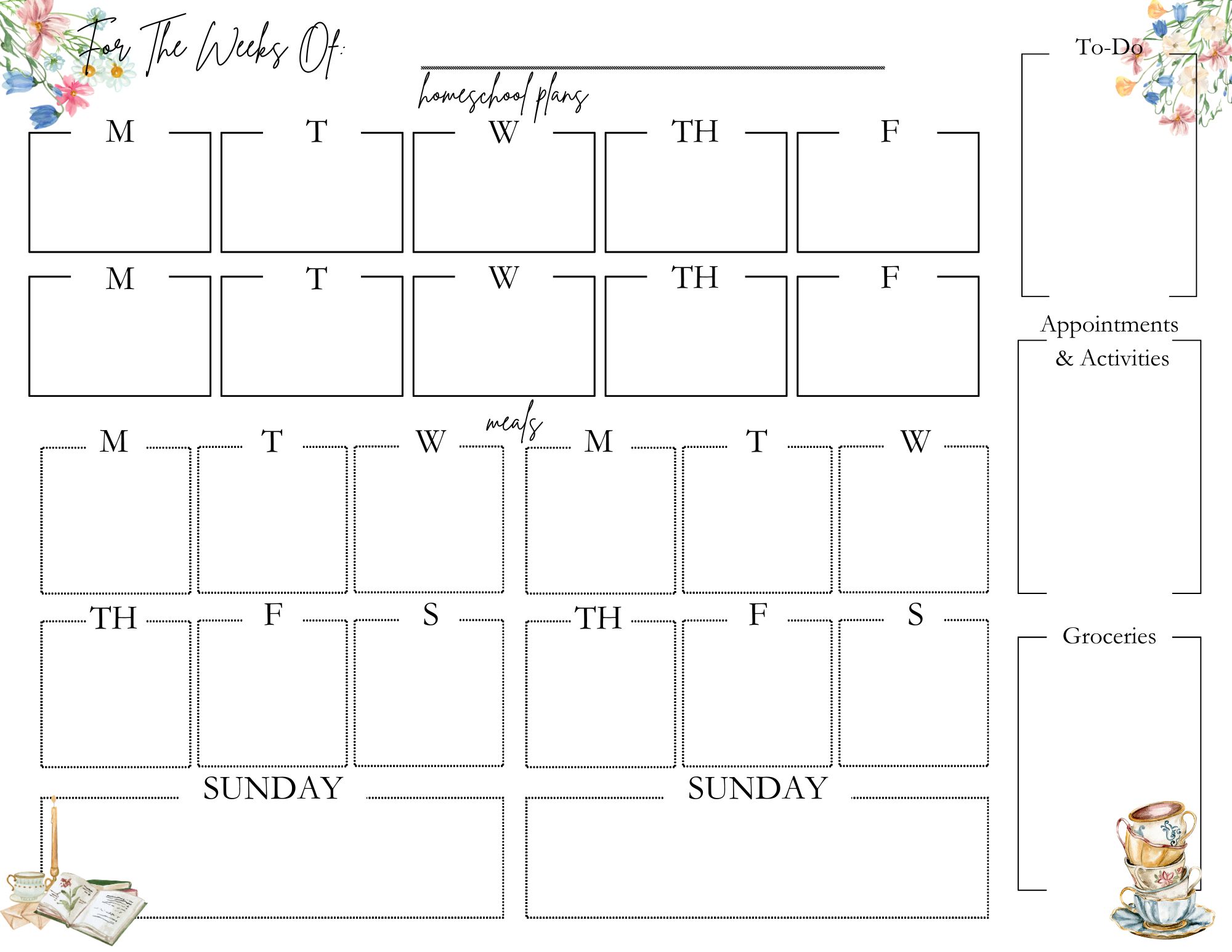 simple two-week homeschool and meal planner